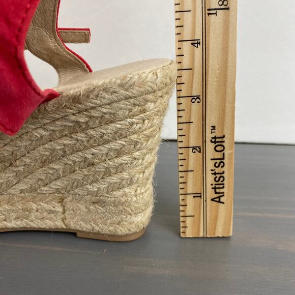 Saks Fifth Avenue Espadrille Wedge Ankle Strap Sandals 7.5 Red Pom Pom Leather - Picture 9 of 10